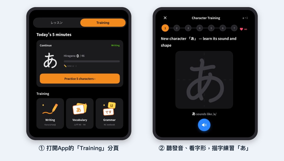 Native Camp Japanese App的Training分頁：用描字練習平假名「あ」